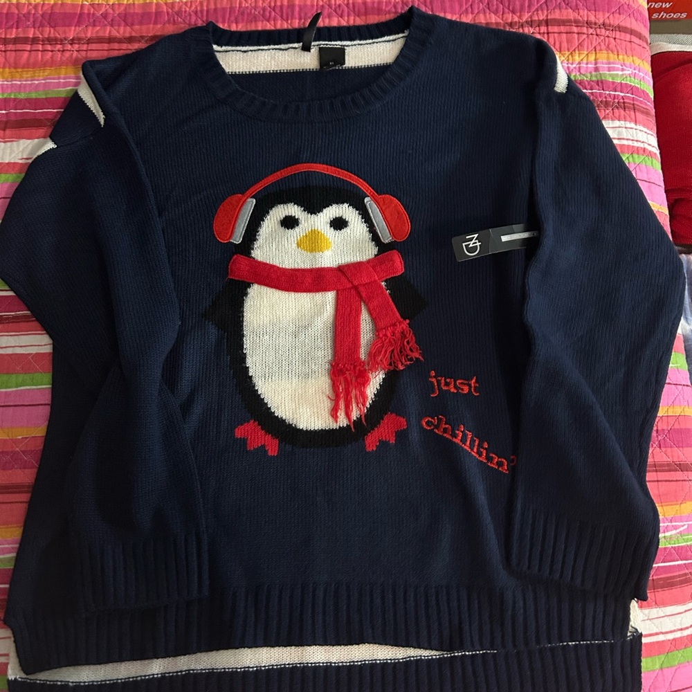 New Directions  Christmas sweater Navy Penguin Sweater